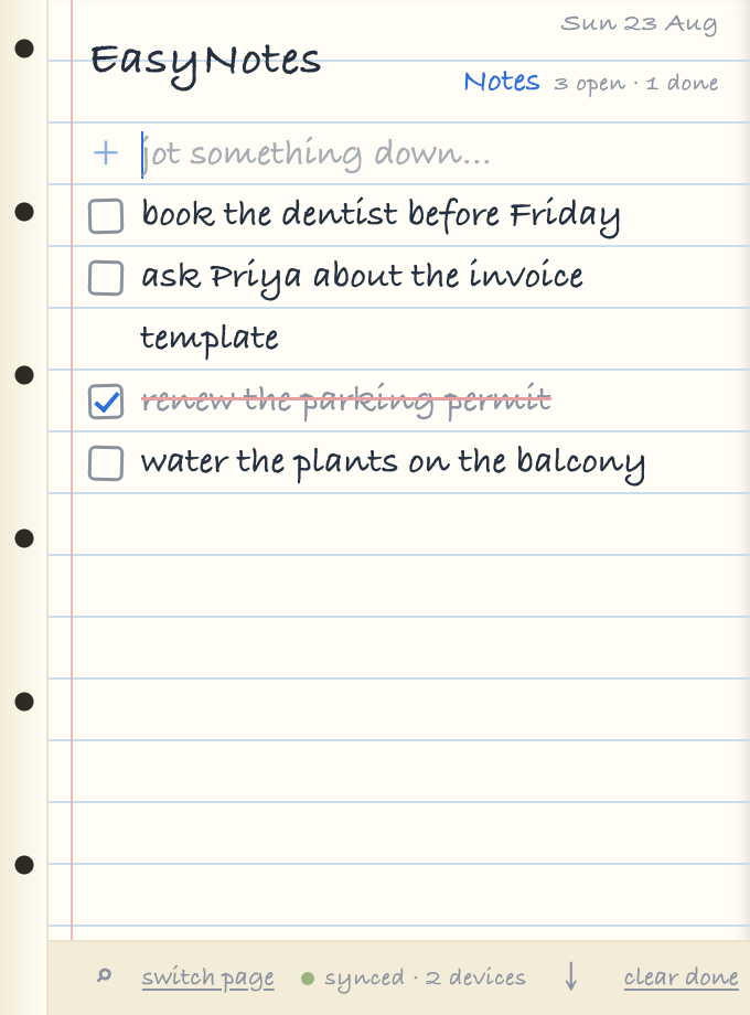 The EasyNotes popup: a sheet of ruled paper with four notes, one ticked off